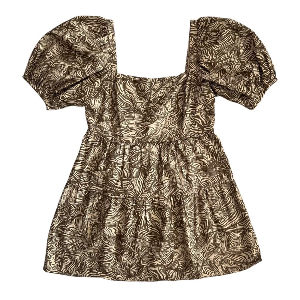 House of Harlow Linen Animal Print Puff Sleeve Mini Dress Brown L Cottagecore